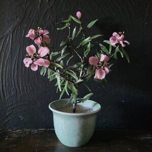 Vtg Jade Cherry Blossom Bonsai In Celadon Pot, Chinoiserie Flower, Asian Decor